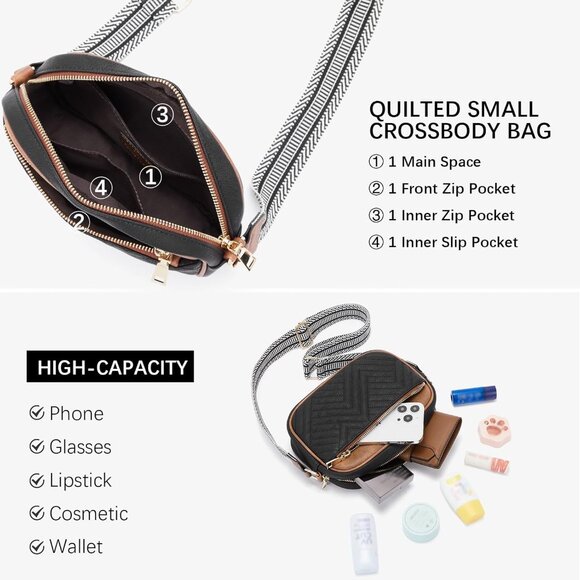 Quilted Vegan Leather Crossbody Black Bag Women Wide Strap and Shoulder Use - Picture 5 of 7